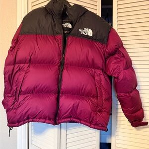 The North Face Two-Tone Puffer Jacket in Black and Burgundy
